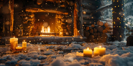 Warm rustic cabin with fireplace candles and falling snow in loop. Concept Rustic Cabin, Fireplace Ambiance, Falling Snow, Cozy Atmosphereの素材