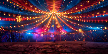 Nighttime circus tent with vibrant lights creating a festive and inviting atmosphere. Concept Nighttime Circus Tent, Vibrant Lights, Festive Atmosphere, Inviting Settingの素材