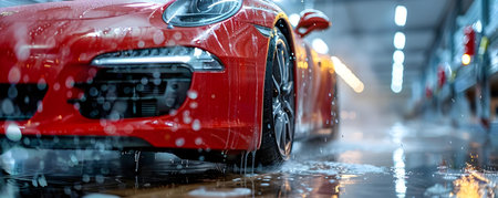 Sporty Red Car Glistening under the Water Pressure of a Car Wash. Concept Car Photography, Automotive Detailing, High Pressure Water, Shiny Red Paint, Sporty Car Washの素材