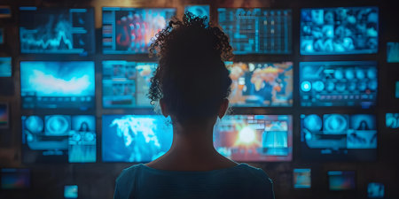 Woman immersed in digital world surrounded by screens displaying diverse multimedia. Concept Digital Art, Technology, Multimedia, Virtual Reality, Connected Societyの素材