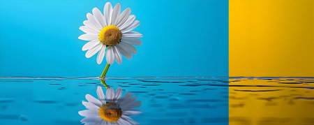 A Symbol of Beauty and Hope: A Bright Daisy Framed Against a Clear Blue Sky. Concept Floral Photography, Nature, Symbolism, Beauty, Hopeの素材