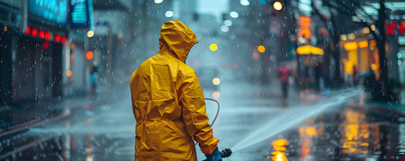 Power Washing City Streets in Rain with Protective Gear. Concept Power Washing, City Streets, Rain, Protective Gearの素材