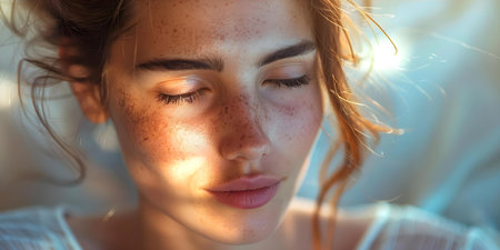 Woman indoors displaying sunburned skin with irritation due to sun exposure. Concept Sunburned Skin, Sun Exposure, Skin Irritation, Indoor Setting, Womanの素材