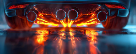 Neon-Lit Custom Performance Car Exhaust System on Dark Background. Concept Automotive Photography, Custom Car Modification, Neon Lighting, Performance Exhaust System, Dark Backgroundの素材