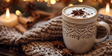 Cozy winter scene with a cup of cocoa by crackling fire. Concept Winter Portraits, Cozy Moments, Fireside Vibes, Hot Cocoa Delightsの素材