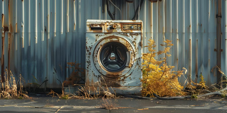 Abandoned washing machine by the road centered professional photo copy space. Concept Photography, Abandoned Objects, Roadside Scenes, Centered Composition, Copy Spaceの素材