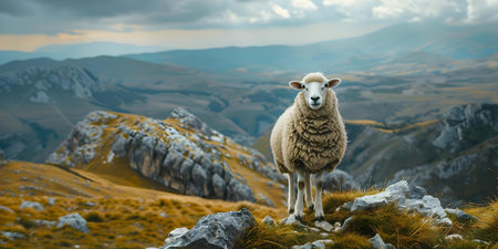 Adventurous Mountain Trekking Sheep in Majestic Landscape. Concept Mountain Trekking, Nature Photography, Wildlife, Adventure Travel, Beautiful Sceneryの素材