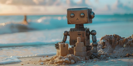 Robot Building a Sandcastle on the Beach. Concept Beach, Sandcastle, Robot Building, Creativity, Technologyの素材