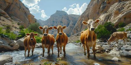 Adventurous Landscape Trekking Cows in Rugged Terrain. Concept Adventure, Landscape, Trekking, Cows, Rugged Terrainの素材