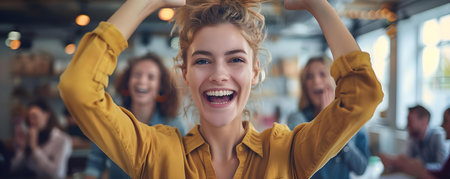 Woman joyfully celebrating her job advancement with coworkers. Concept Office Celebration, Job Advancement, Cheers and Smiles, Team Bonding, Happy Momentの素材