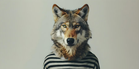 Striped Black and White Wolf. Concept Animal Photography, Nature Portraits, Wildlife in Monochrome, Striking Stripes, Mystical Animalsの素材