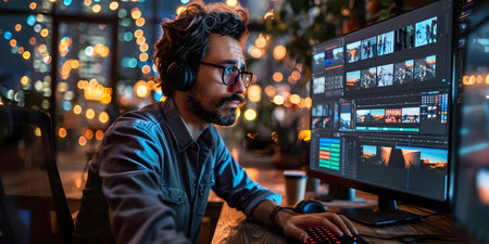 Creative Person Editing Photos on Computer in a Well-Lit Office. Concept Photo Editing, Creative Work, Well-Lit Office, Artistic Process, Computer Skillsの素材