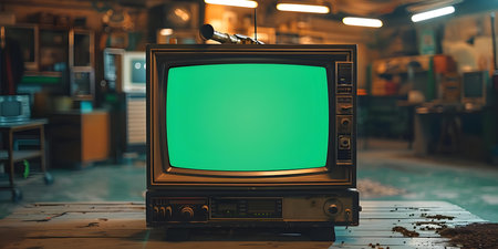 Old Television Set with Empty Green Screen for Video Editing or Overlay. Concept Green Screen, Vintage Technology, Video Editing, Media Production, Television Broadcastの素材