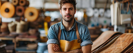 Background of a worker in a leather goods factory. Concept Leather Crafting, Factory Worker, Artisan Skills, Handmade Products, Industry Insightsの素材