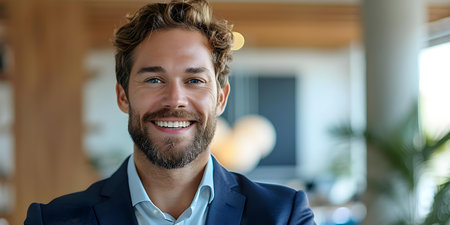 Confident Bearded Businessman Smiling in Modern Office Setting. Concept Business Portraits, Office Environment, Facial Hair, Professional Headshots, Modern Corporate Trendsの素材