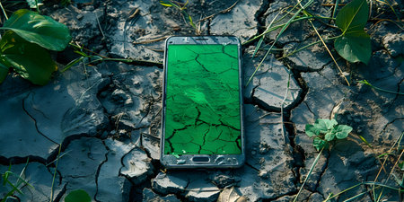 Smartphone with green screen on cracked ground symbolizing impact of climate change. Concept Climate Change, Impact, Smartphone, Green Screen, Cracked Groundの素材