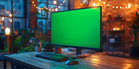 A computer display with a green screen for digital editing projects. Concept Green Screen Editing, Digital Projects, Computer Display, Editing Technologyの素材