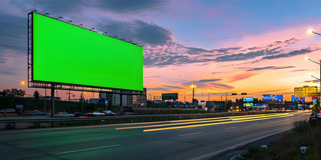 Green screen billboard on expressway with blurred car lights passing by. Concept Green Screen Billboard, Expressway Traffic, Blurred Car Lights, Outdoor Advertisingの素材