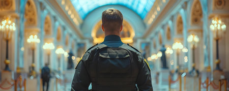 Security guard in black stands with back to museums. Concept Security Guard, Black Uniform, Museum Background, Standing Poseの素材