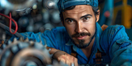 Male worker showcasing expertise in automotive technology assembly line setting with machinery. Concept Automotive Technology, Assembly Line, Machinery, Expertise, Workerの素材