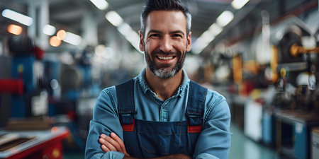 Smiling man in advanced auto factory skilled worker with technology equipment. Concept Manufacturing, Technology, Skilled Worker, Auto Factory, Equipmentの素材
