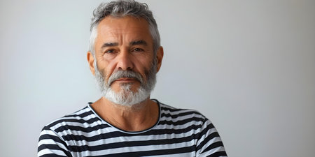 Elderly Man in Black and White Striped Attire. Concept Black and White Photography, Elderly Fashion, Classic Stripes, Stylish Senior, Portrait Inspirationの素材