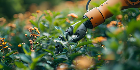 Agricultural robot arm on hightech farm automation in agriculture industry concept. Concept Agricultural Technology, Automation in Farming, Robotics in Agriculture, High-Tech Farmingの素材