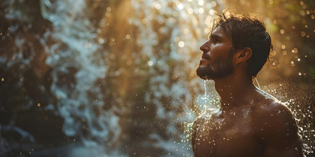 Refreshing post-workout rinse under a waterfall. Concept Nature Photography, Adventure Photography, Waterfall Photo Shoot, Post-Workout Shower, Outdoor Fitnessの素材