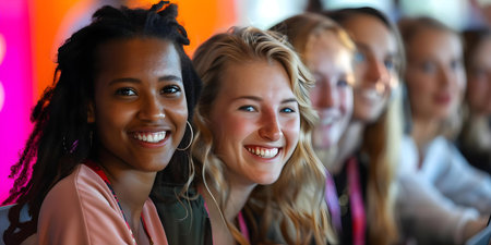 Young women smiling and collaborating at a coding workshop honing programming abilities. Concept Coding Workshop, Women in Tech, Collaborative Learning, Programming Skills, Young Professionalsの素材