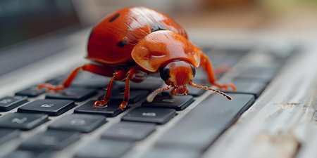 Close-up Image of a Bug on a Laptop: Highlighting Cybersecurity Awareness. Concept Cybersecurity Awareness, Bug on Laptop, Close-up Image, Technology Threatsの素材