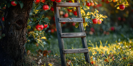 A wooden ladder resting against a tree hints at applepicking preparations. Concept Apple picking, autumn vibes, cozy activities, outdoor adventuresの素材