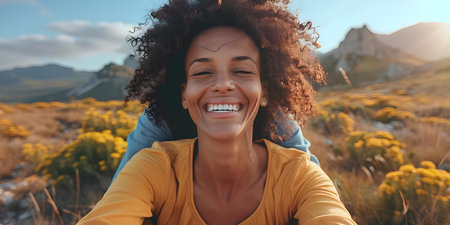 Ecstatic couple in awe of natures beauty embodying Earth conservation ethos. Concept Nature Conservation, Ecstatic Couple, Earth's Beauty, Environmental Awareness, Outdoor Photographyの素材
