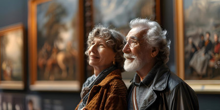 Exploring Diverse Artworks with Cultural Immersion: Elderly Couple's Enjoyable Museum Visit. Concept Art Galleries, Cultural Experience, Elderly Activities, Museum Visit, Community Engagementの素材