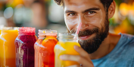 Enjoying a Fresh and Organic Juice through a Straw - Savoring Delicious Taste. Concept Fresh Juice, Organic, Savoring Taste, Delicious, Strawの素材