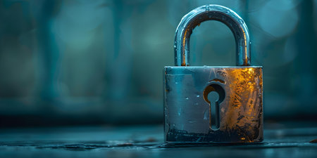 Digital padlock symbolizes the importance of cybersecurity in modern technological landscape. Concept Cybersecurity Importance, Digital Padlock Symbol, Technology Landscape, Modern Threats, Online Safetyの素材