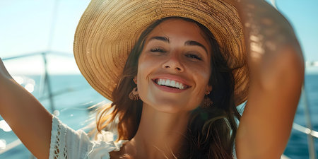 Woman delighted as she sails a yacht, controlling the ship and enjoying her summer vacation in the sea. Concept Sailing, Yachting, Summer Vacation, Joyful Expression, Nautical Lifestyleの素材