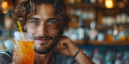 Man enjoying the organic freshness of juice through a straw: a delightful sip. Concept Organic Juice, Freshness, Sip and Enjoy, Delightful Momentの素材