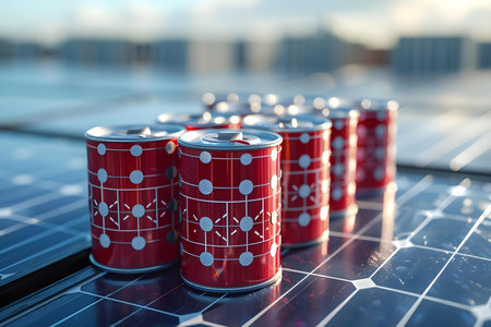 Illustration of battery packs and solar panels as sustainable energy concepts. Concept Sustainable Energy Concepts, Battery Packs, Solar Panels, Illustrationの素材