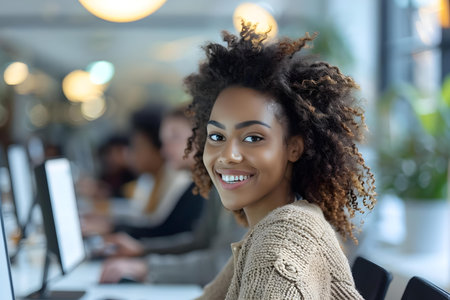 Team of professionals signing up for work benefits using computers. Concept Work Benefits Registration, Professional Team, Computer Sign-Up, Employee Benefits, Workplace Enrollmentの素材
