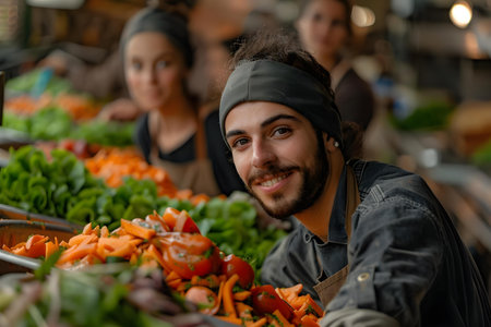 Workers recycle food waste at a sustainable facility promoting ecofriendly waste management. Concept Eco-Friendly Waste Management, Sustainable Facility, Food Waste Recycling, Workers in Actionの素材