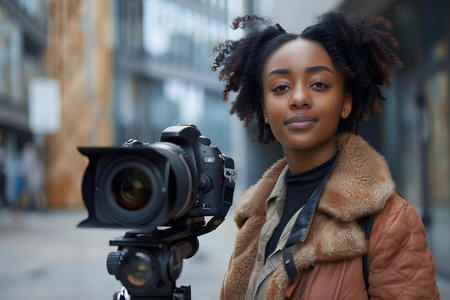 Young African American filmmaker leading a diverse crew in an urban setting showing her vision and leadership skills. Concept Representation in Filmmaking, Urban Leadership, Diverse Crewの素材