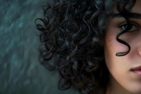 Capturing the Texture and Volume of a Woman's Curly Hair up Close. Concept Curly Hair Photography, Texture Detail Shots, Voluminous Curls, Close-up Portraitsの素材