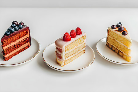 Three delicious cake slices on white plates isolated on a white background. Concept Food photography, Cake slices, White plates, Isolated background, Dessert displayの素材