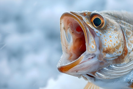 Closeup of fish with mouth open against icy background ideal for educational materials on fish or climate change. Concept Fish, Closeup, Icy Background, Educational, Climate Changeの素材