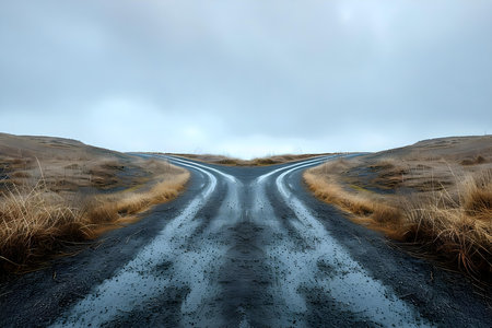 A fork in the road symbolizing decision making choices opportunities and transitions in business and life. Concept Decision Making, Business Opportunities, Transitions, Life Choices, Symbolismの素材
