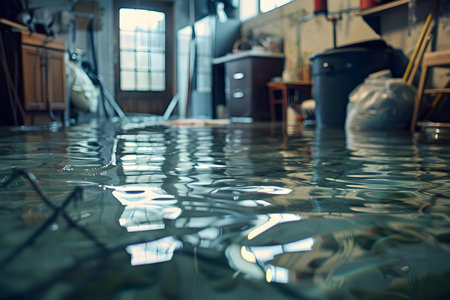Dealing with Water Damage in a Flooded Basement: Mopping Up Deep Water from Snowmelt or Pipe Burst with Selective Focus on Cable. Concept Water Damage, Flooded Basement, Snowmelt, Pipe Burstの素材