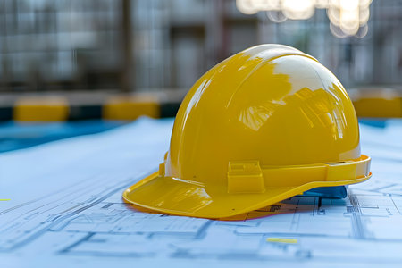 Symbolizing Construction Planning and Workplace Safety: Yellow Construction Helmet on Blueprints at a Construction Site. Concept Construction Planning, Workplace Safety, Yellow Construction Helmetの素材