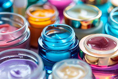 Assortment of Skincare Products in Jars and Bottles: A Close-Up View. Concept Close-Up Shots, Skincare Collection, Product Photography, Beauty Essentials, Cosmetic Packagingの素材