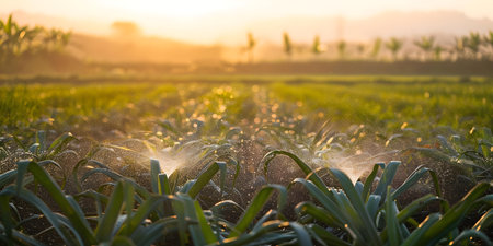 Efficient irrigation system in a lush farm field with leeks and onions promoting water conservation and sustainable agriculture. Concept Efficient irrigation, Lush farm field, Leeks and onionsの素材