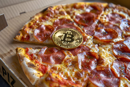Bitcoin Compared with a Pizza. Concept Bitcoin Value, Pizza Price, Cryptocurrency Investment, Fast Food Economics, Digital Currency Trendsの素材